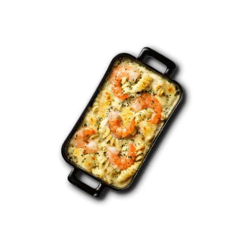 Espaguetis de camarones y queso gouda